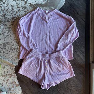 Old Navy Cozy Waffle Henley Pajama Set Medium Oversized Top Shorts
